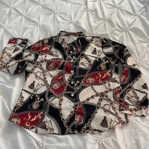 SHEIN Women's Button Down Shirt with Chain Pattern - Black, Red, White